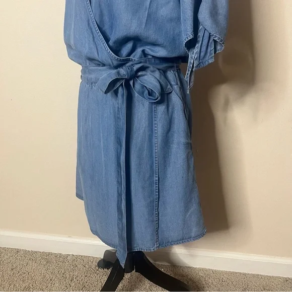 GAP Women’s Blue Chambray Faux Wrap V~Neck Tie Sleeve Belted Mini Dress Sz M - Picture 4 of 8